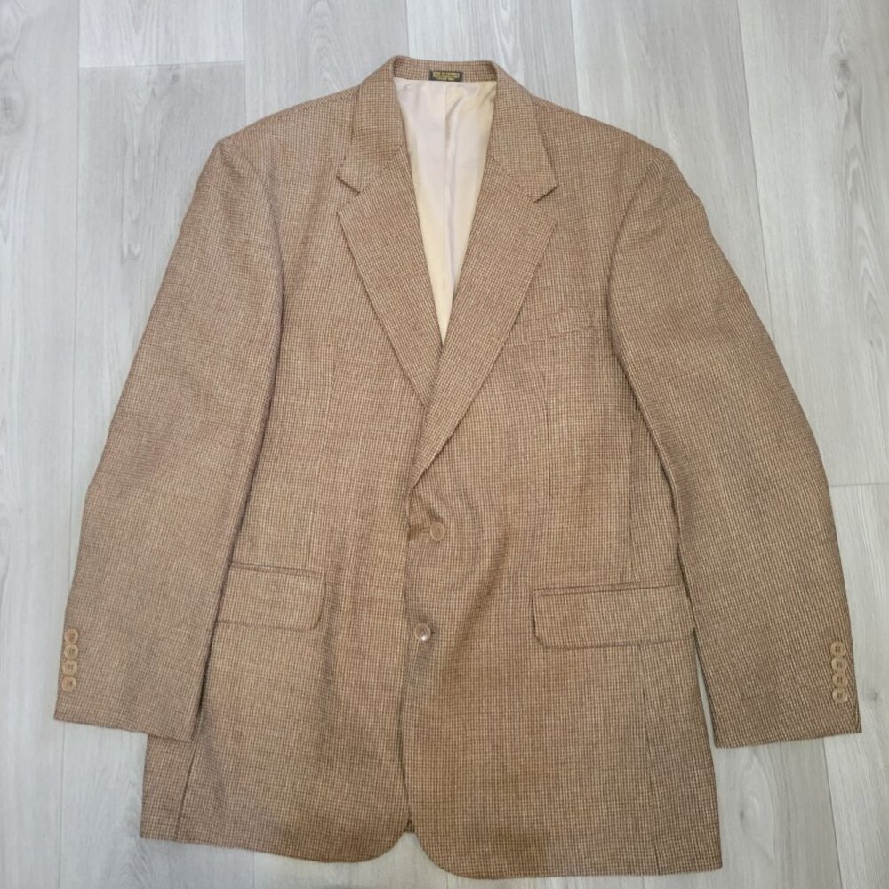 Oscar De La Renta Wool Tweed Brown Houndstooth Blazer Jacket With Pocket Square